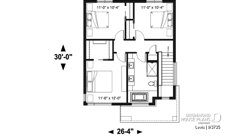 2nd level - Modern house plan with kitchen island &amp; pantry, laundry on main floor, 3 bedrooms, large family bathroom - Levis
