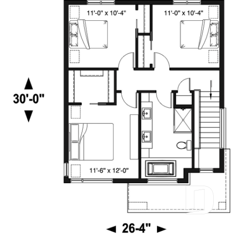 2nd level - Modern house plan with kitchen island & pantry, laundry on main floor, 3 bedrooms, large family bathroom - Levis