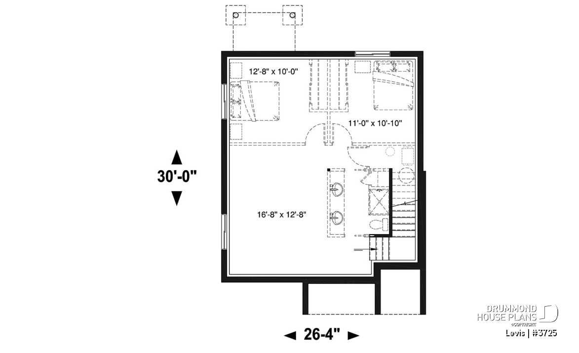 Basement - Modern house plan with kitchen island &amp; pantry, laundry on main floor, 3 bedrooms, large family bathroom - Levis