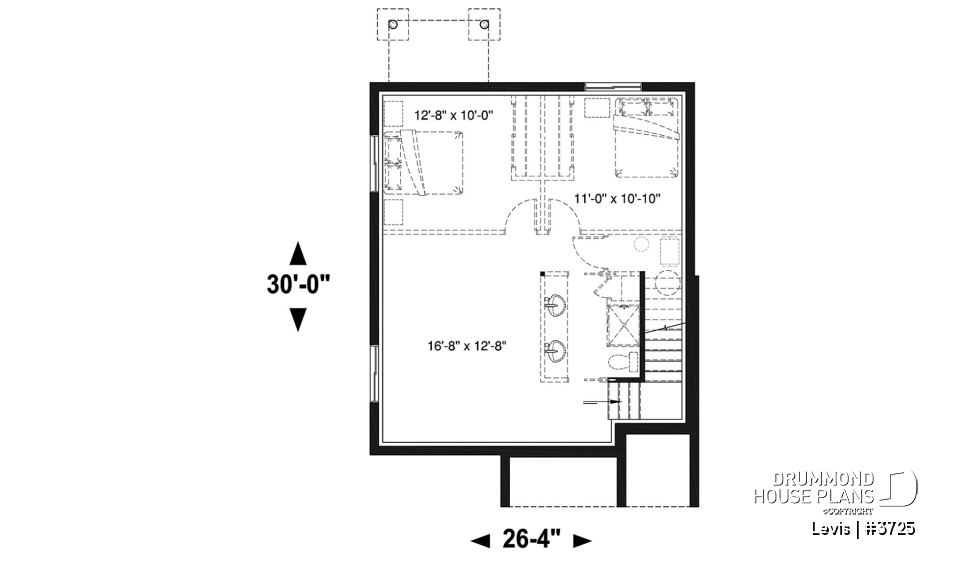 Basement - Modern house plan with kitchen island &amp; pantry, laundry on main floor, 3 bedrooms, large family bathroom - Levis
