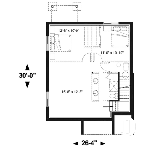 Basement - Modern house plan with kitchen island & pantry, laundry on main floor, 3 bedrooms, large family bathroom - Levis