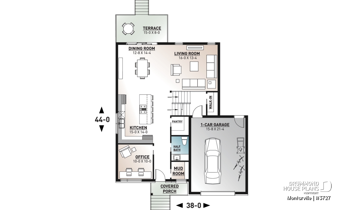 1st level - Modern 3 to 4 bedroom house plan with garage, home office, open kitchen, dining and living room, master suite - Montarville