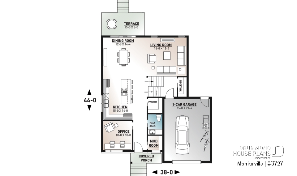 1st level - Modern 3 to 4 bedroom house plan with garage, home office, open kitchen, dining and living room, master suite - Montarville