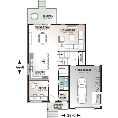 1st level - Modern 3 to 4 bedroom house plan with garage, home office, open kitchen, dining and living room, master suite - Montarville