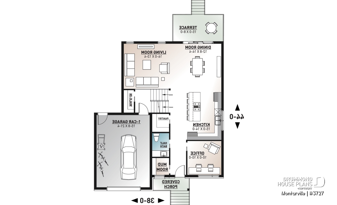 1st level - Modern 3 to 4 bedroom house plan with garage, home office, open kitchen, dining and living room, master suite - Montarville