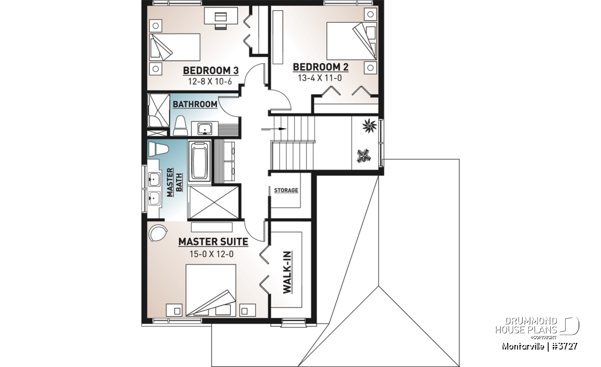2nd level - Modern 3 to 4 bedroom house plan with garage, home office, open kitchen, dining and living room, master suite - Montarville