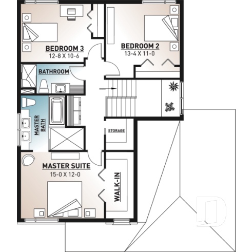 2nd level - Modern 3 to 4 bedroom house plan with garage, home office, open kitchen, dining and living room, master suite - Montarville