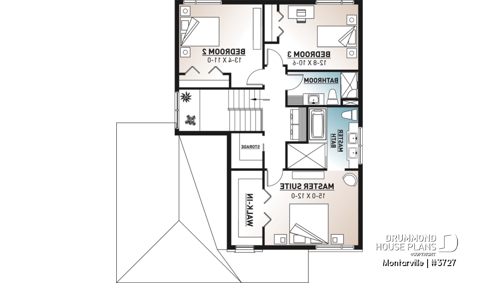 2nd level - Modern 3 to 4 bedroom house plan with garage, home office, open kitchen, dining and living room, master suite - Montarville