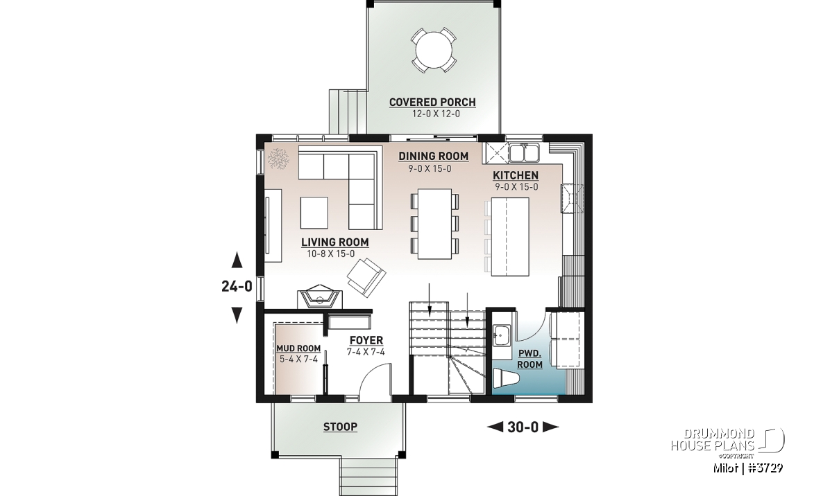1st level - 2-story contemporary home, 3 bedroom and 1.5 baths, mud room, economical to build, open concept floor plan - Milot