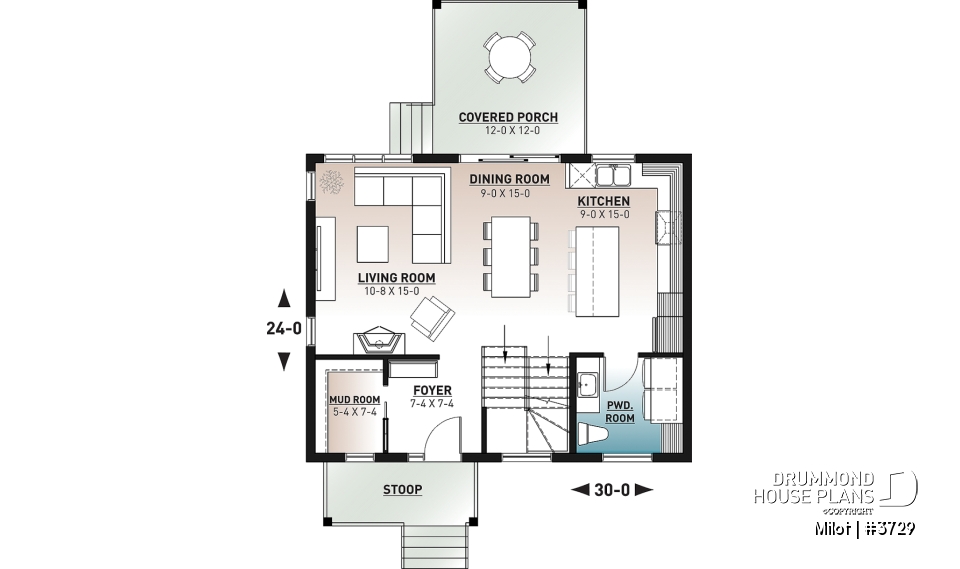 1st level - 2-story contemporary home, 3 bedroom and 1.5 baths, mud room, economical to build, open concept floor plan - Milot