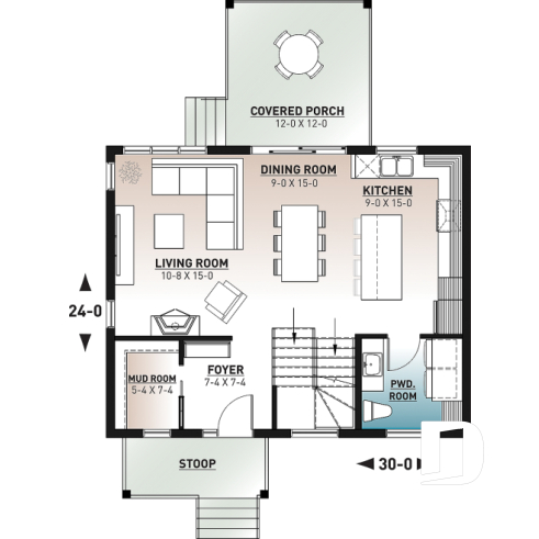 1st level - 2-story contemporary home, 3 bedroom and 1.5 baths, mud room, economical to build, open concept floor plan - Milot