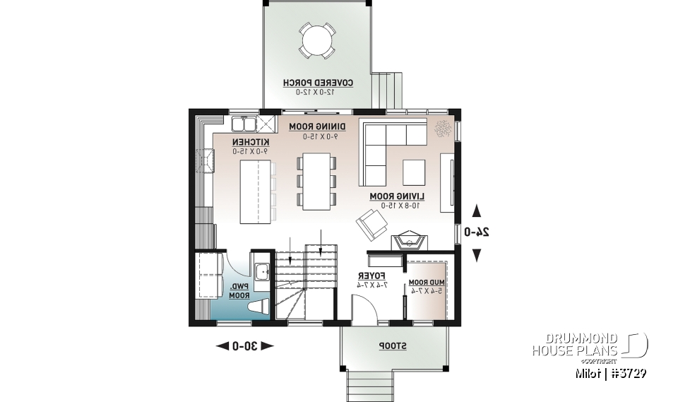 1st level - 2-story contemporary home, 3 bedroom and 1.5 baths, mud room, economical to build, open concept floor plan - Milot