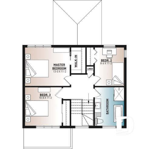 2nd level - 2-story contemporary home, 3 bedroom and 1.5 baths, mud room, economical to build, open concept floor plan - Milot