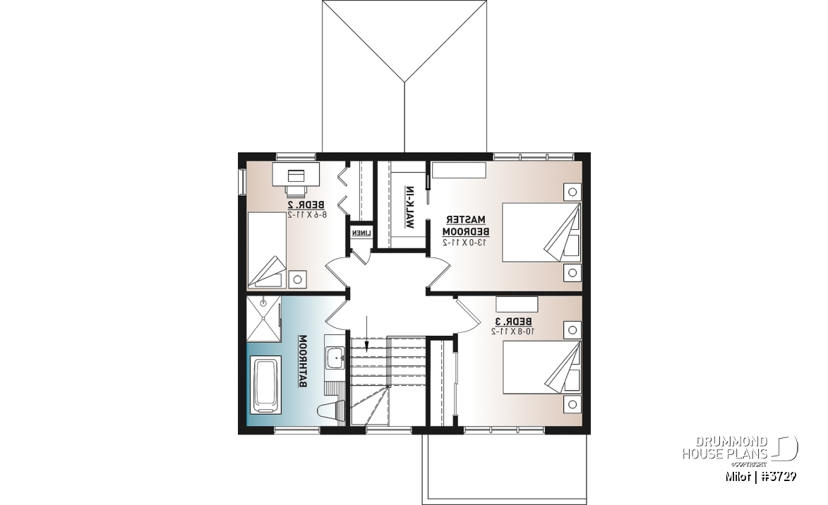 2nd level - 2-story contemporary home, 3 bedroom and 1.5 baths, mud room, economical to build, open concept floor plan - Milot