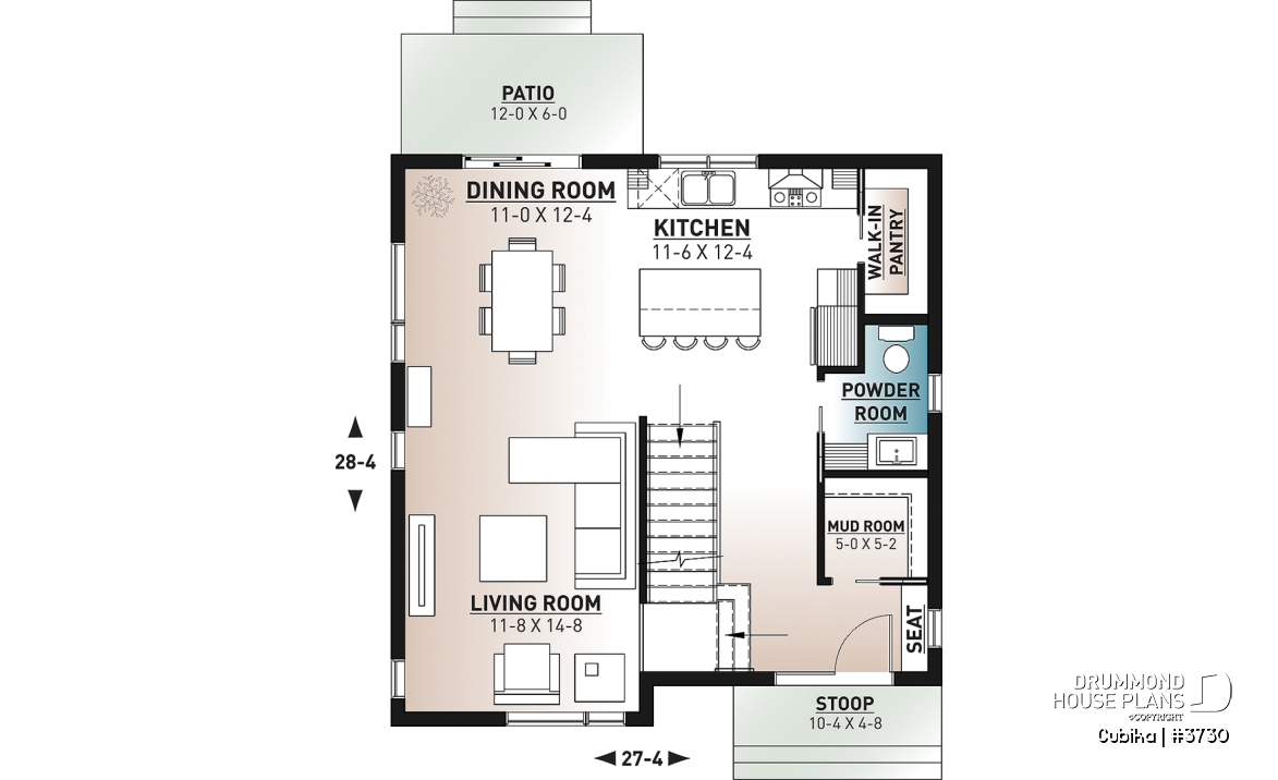 1st level - Small and compact 2 story modern home plan, 3 bedrooms, laundry on second floor, large pantry - Cubika