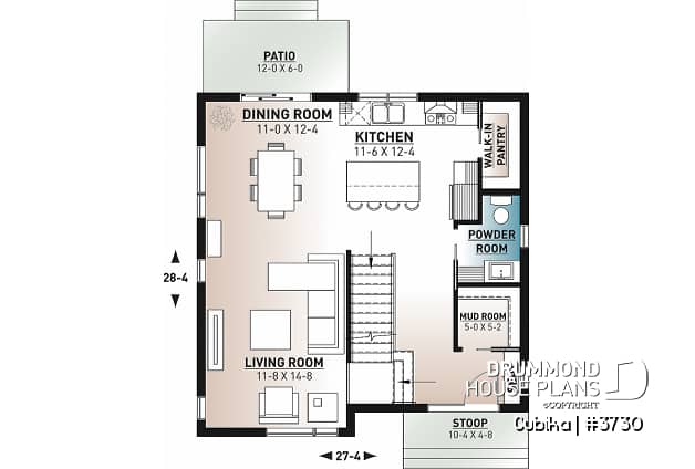 1st level - Small and compact 2 story modern home plan, 3 bedrooms, laundry on second floor, large pantry - Cubika