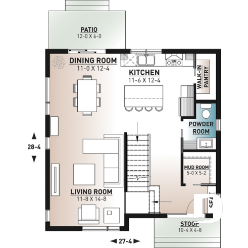 1st level - Small and compact 2 story modern home plan, 3 bedrooms, laundry on second floor, large pantry - Cubika