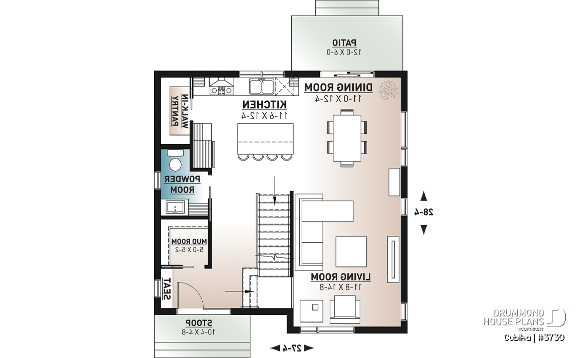 1st level - Small and compact 2 story modern home plan, 3 bedrooms, laundry on second floor, large pantry - Cubika
