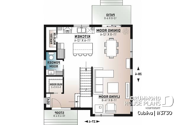 1st level - Small and compact 2 story modern home plan, 3 bedrooms, laundry on second floor, large pantry - Cubika