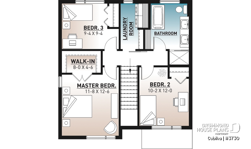 2nd level - Small and compact 2 story modern home plan, 3 bedrooms, laundry on second floor, large pantry - Cubika