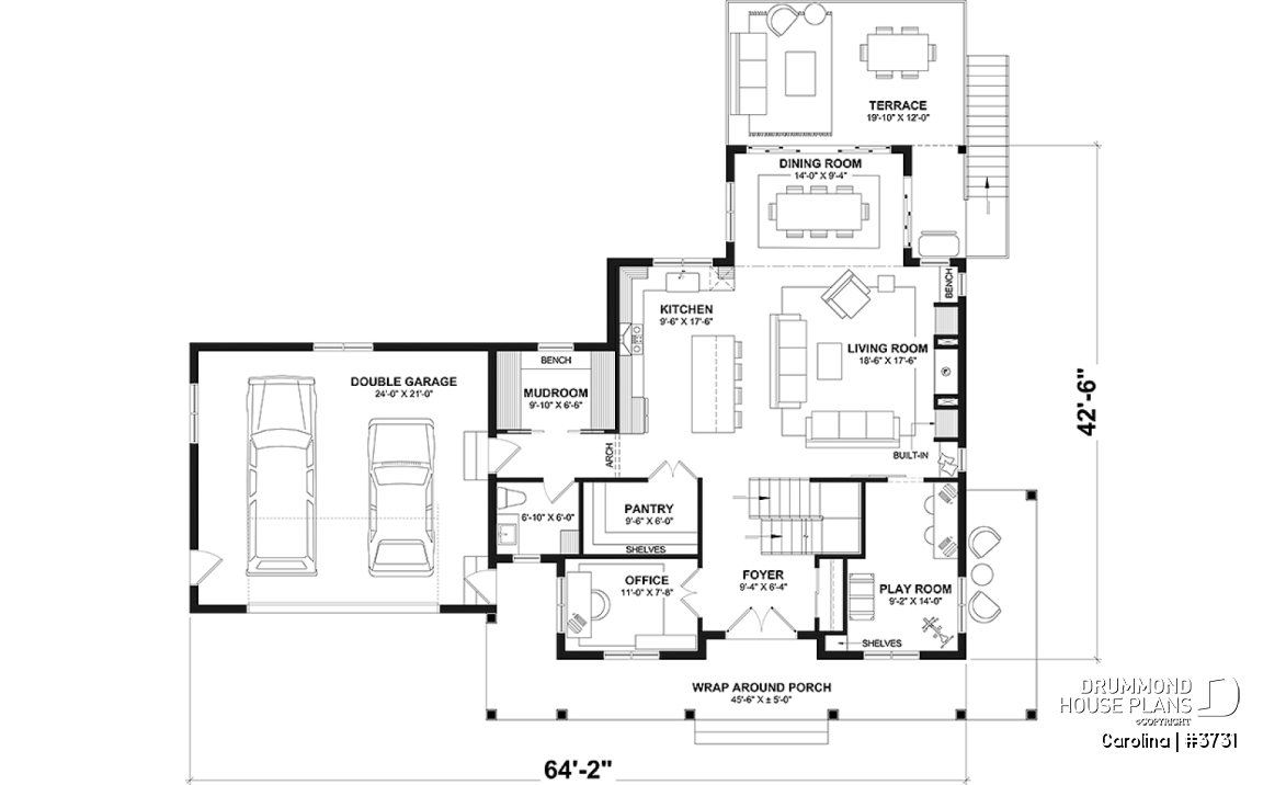 1st level - 2-storey Farmhouse home design with a 2-car garage, 4 to 6 bedrooms, fully finished walkout basement - Carolina