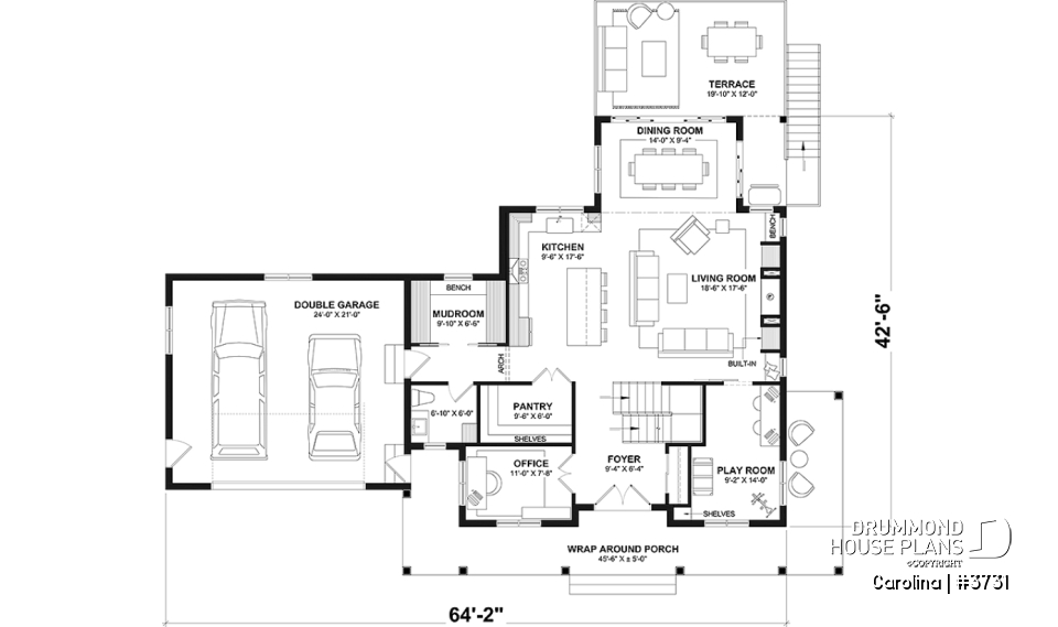 1st level - 2-storey Farmhouse home design with a 2-car garage, 4 to 6 bedrooms, fully finished walkout basement - Carolina