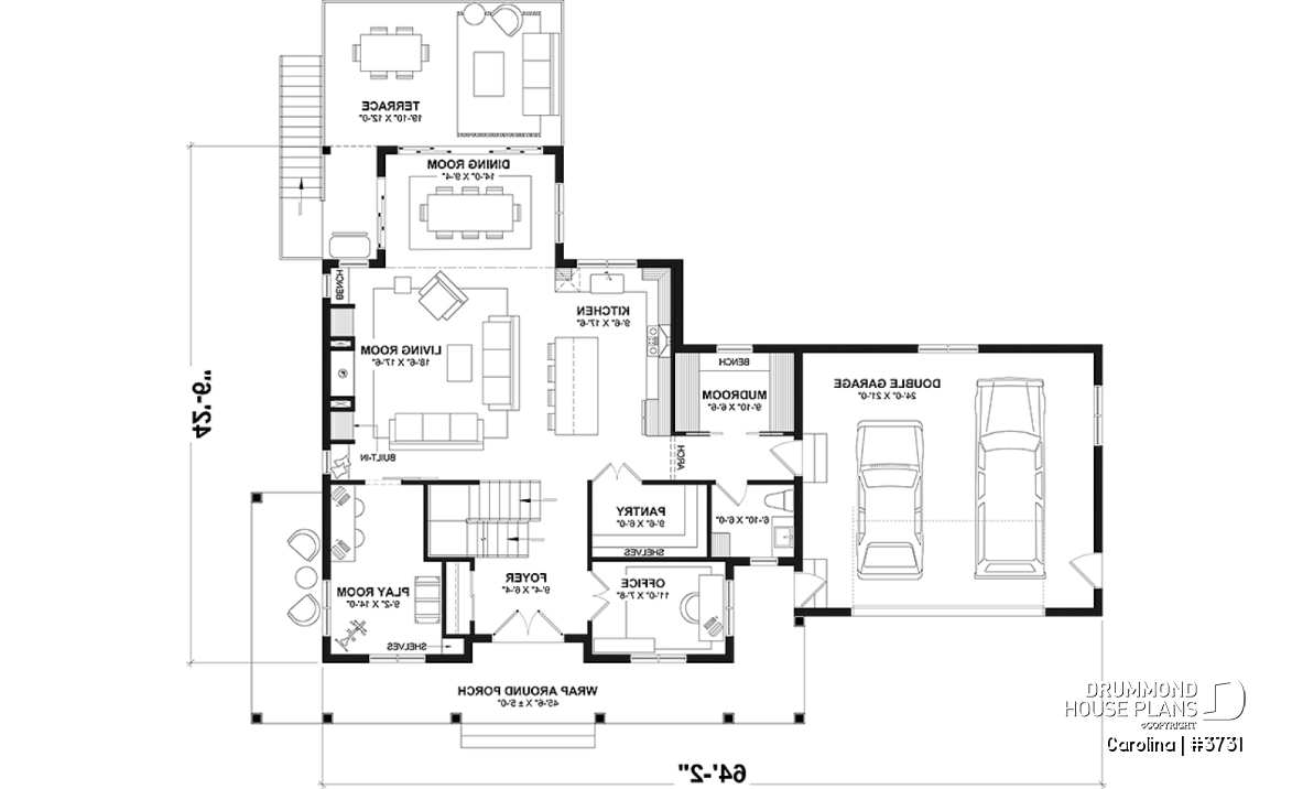 1st level - 2-storey Farmhouse home design with a 2-car garage, 4 to 6 bedrooms, fully finished walkout basement - Carolina