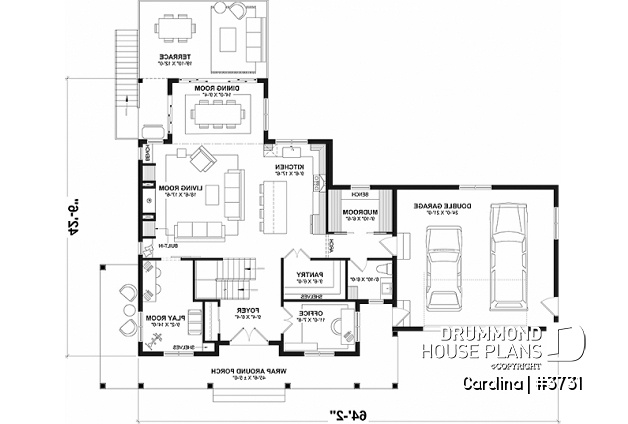 1st level - 2-storey Farmhouse house plan with a 2-car garage, 4 to 6 bedrooms, fully finished walkout basement - Carolina