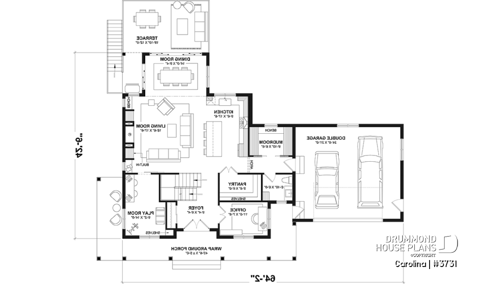 1st level - 2-storey Farmhouse home design with a 2-car garage, 4 to 6 bedrooms, fully finished walkout basement - Carolina