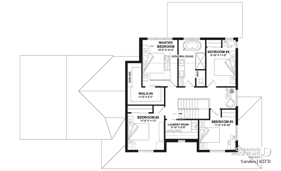 2nd level - 2-storey Farmhouse home design with a 2-car garage, 4 to 6 bedrooms, fully finished walkout basement - Carolina