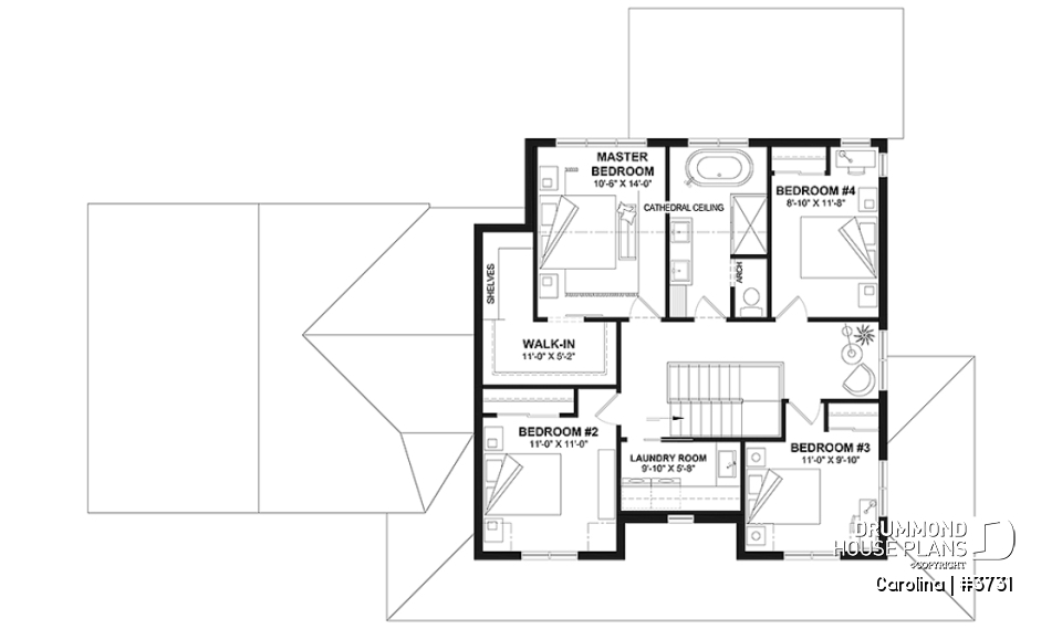 2nd level - 2-storey Farmhouse home design with a 2-car garage, 4 to 6 bedrooms, fully finished walkout basement - Carolina