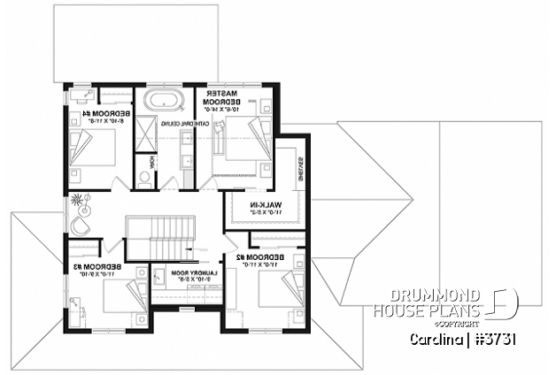 2nd level - 2-storey Farmhouse house plan with a 2-car garage, 4 to 6 bedrooms, fully finished walkout basement - Carolina