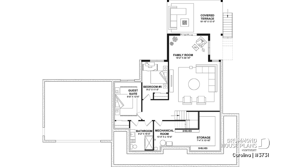 Basement - 2-storey Farmhouse home design with a 2-car garage, 4 to 6 bedrooms, fully finished walkout basement - Carolina
