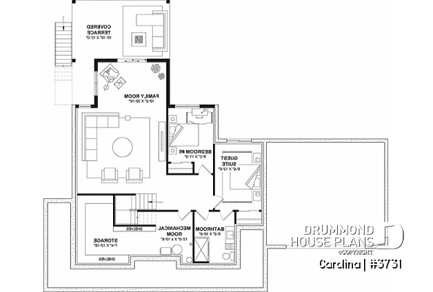 Basement - 2-storey Farmhouse house plan with a 2-car garage, 4 to 6 bedrooms, fully finished walkout basement - Carolina