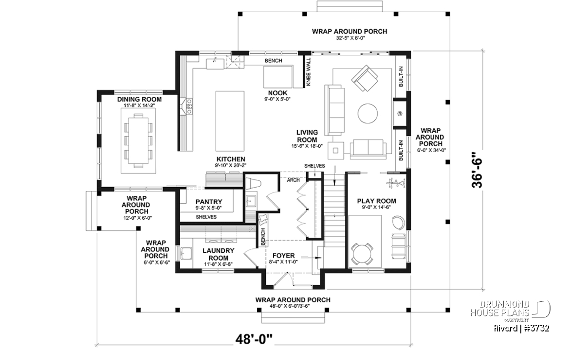 1st level - Farmhouse home plan with wrap around porch, 4 bedrooms, 2.5 baths, game room, den - Rivard