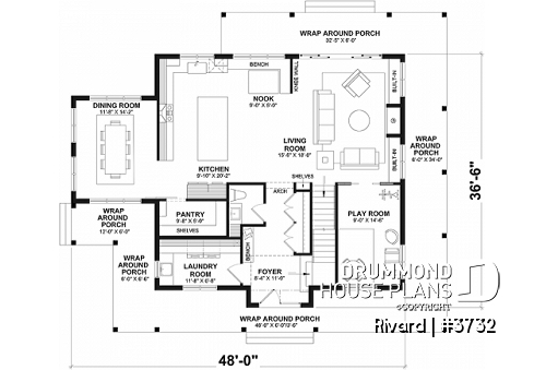 1st level - Farmhouse home plan with wrap around porch, 4 bedrooms, 2.5 baths, game room, den - Rivard