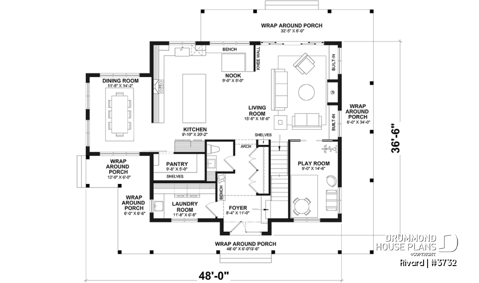 1st level - Farmhouse home plan with wrap around porch, 4 bedrooms, 2.5 baths, game room, den - Rivard