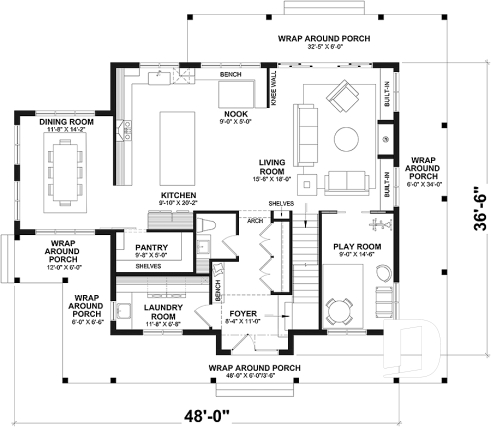 1st level - Farmhouse home plan with wrap around porch, 4 bedrooms, 2.5 baths, game room, den - Rivard