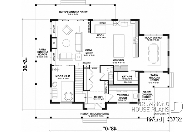 1st level - Farmhouse home plan with wrap around porch, 4 bedrooms, 2.5 baths, game room, den - Rivard
