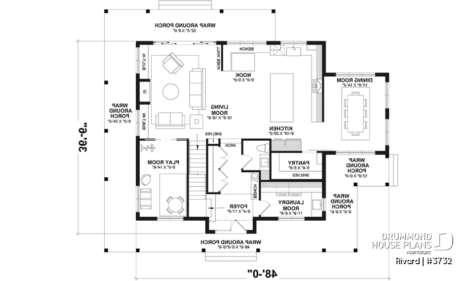 1st level - Farmhouse home plan with wrap around porch, 4 bedrooms, 2.5 baths, game room, den - Rivard
