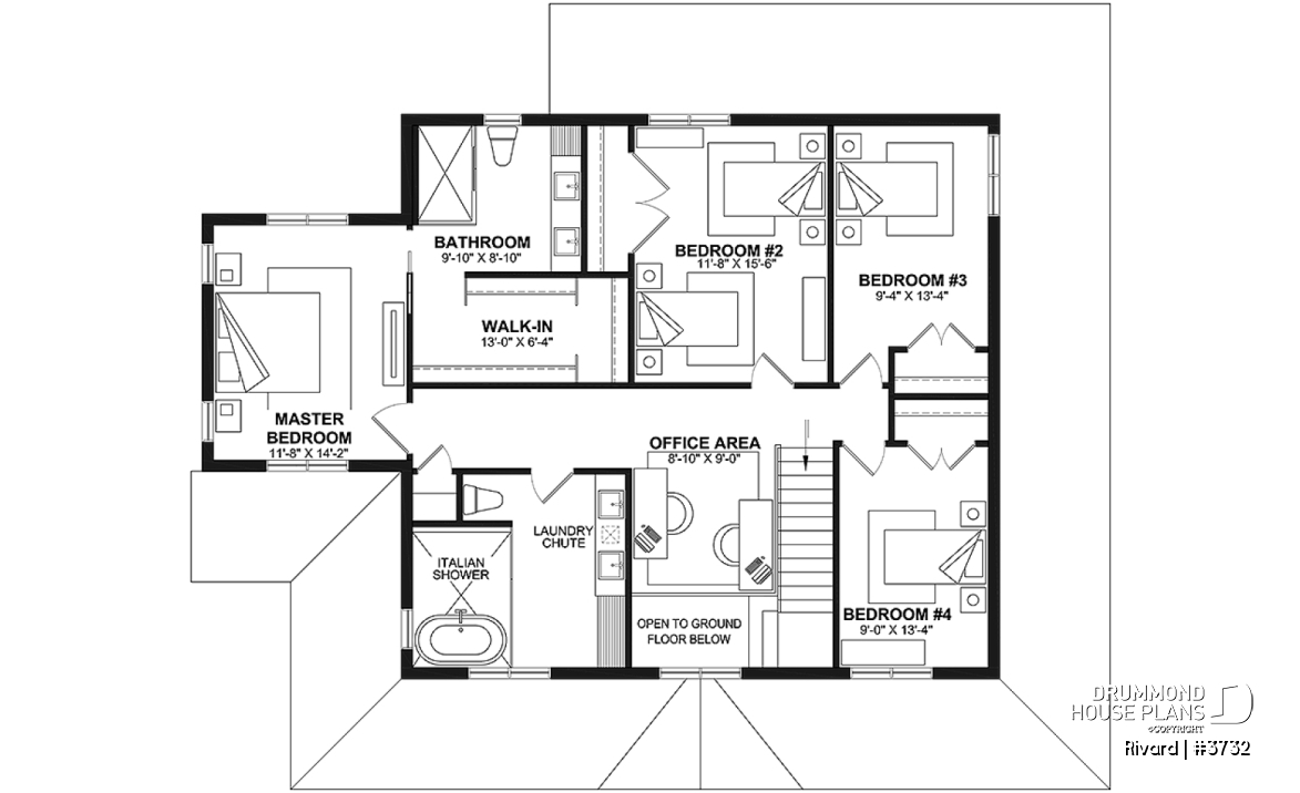 2nd level - Farmhouse home plan with wrap around porch, 4 bedrooms, 2.5 baths, game room, den - Rivard
