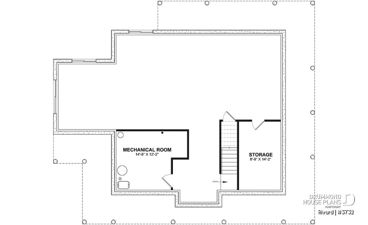 Unfinished basement - Farmhouse home plan with wrap around porch, 4 bedrooms, 2.5 baths, game room, den - Rivard