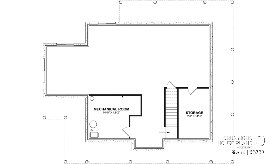 Unfinished basement - Farmhouse home plan with wrap around porch, 4 bedrooms, 2.5 baths, game room, den - Rivard