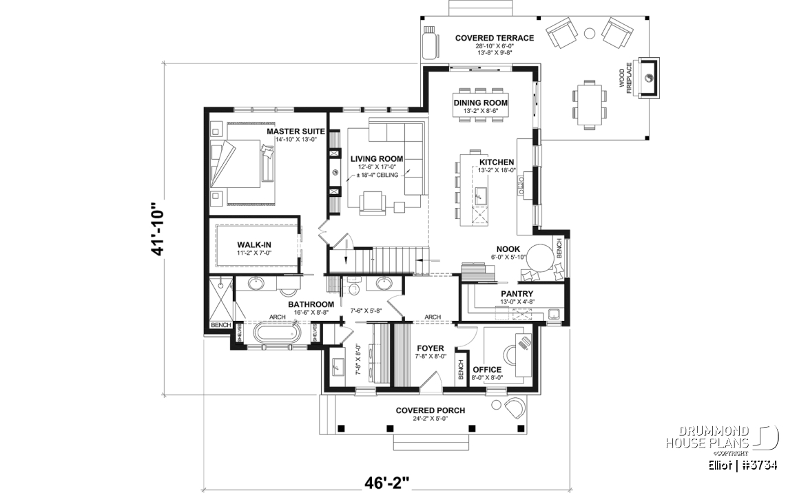 1st level - House Plan – Bright Cottage with 3 Bedrooms, 18'4" Ceiling and Flexible Basement - Elliot