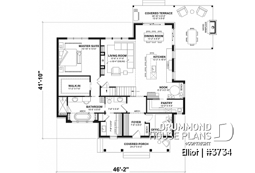 1st level - Two-Story House Plan with 3 Bedrooms, Breakfast Nook, Upstairs Family Room, and Large Covered Terrace - Elliot