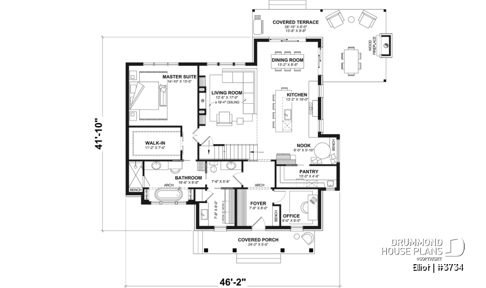 1st level - House Plan – Bright Cottage with 3 Bedrooms, 18'4" Ceiling and Flexible Basement - Elliot