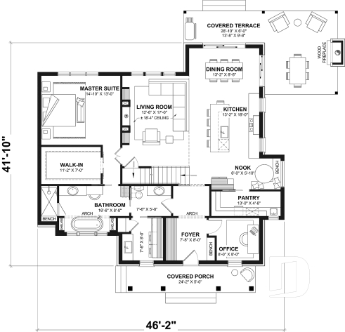 1st level - House Plan – Bright Cottage with 3 Bedrooms, 18'4" Ceiling and Flexible Basement - Elliot