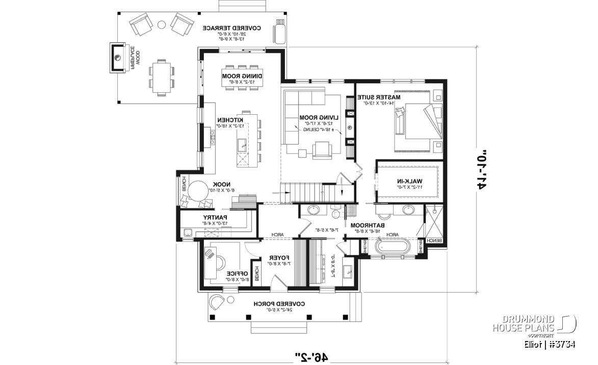 1st level - House Plan – Bright Cottage with 3 Bedrooms, 18'4" Ceiling and Flexible Basement - Elliot