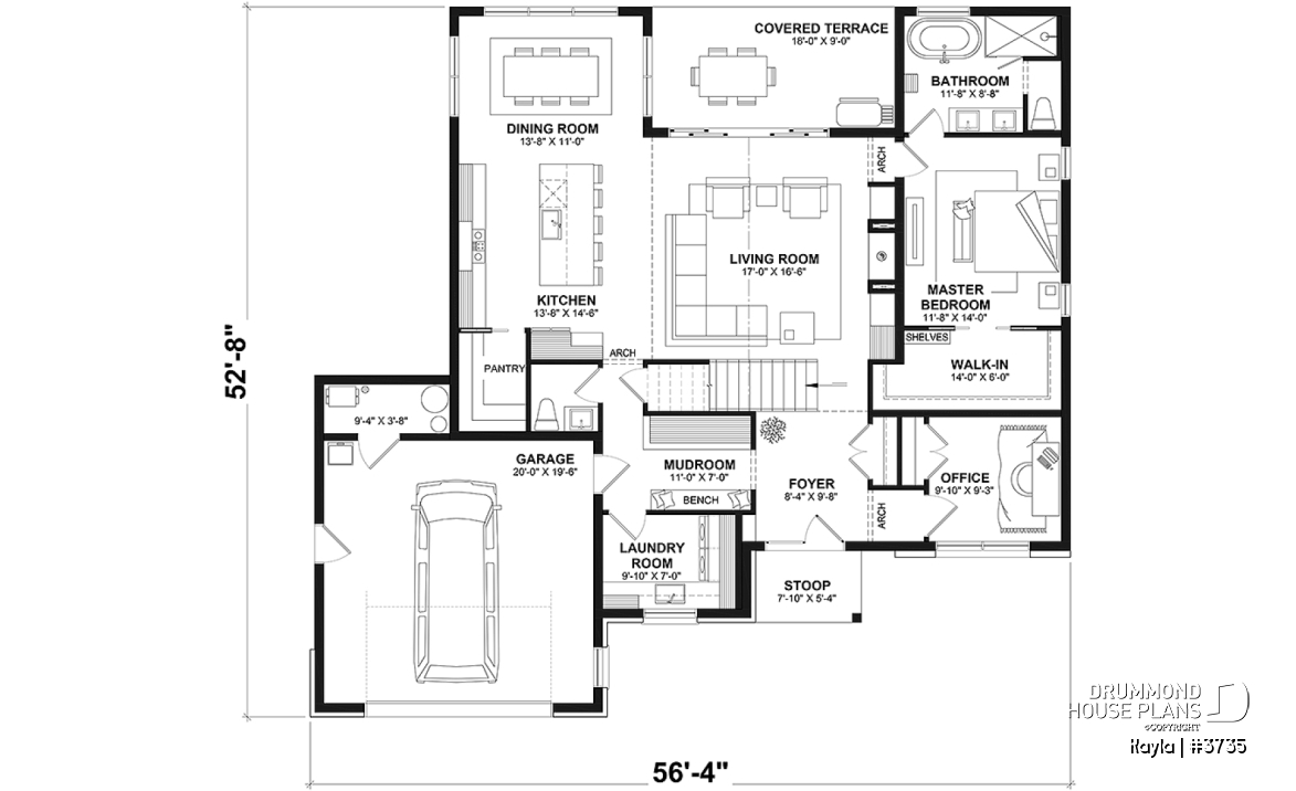 1st level - Classic style home plan with master suite on main floor, total 3 beds + home office - Kayla