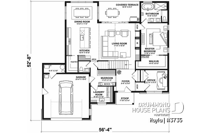 1st level - Classic style home plan with master suite on main floor, total 3 beds + home office - Kayla